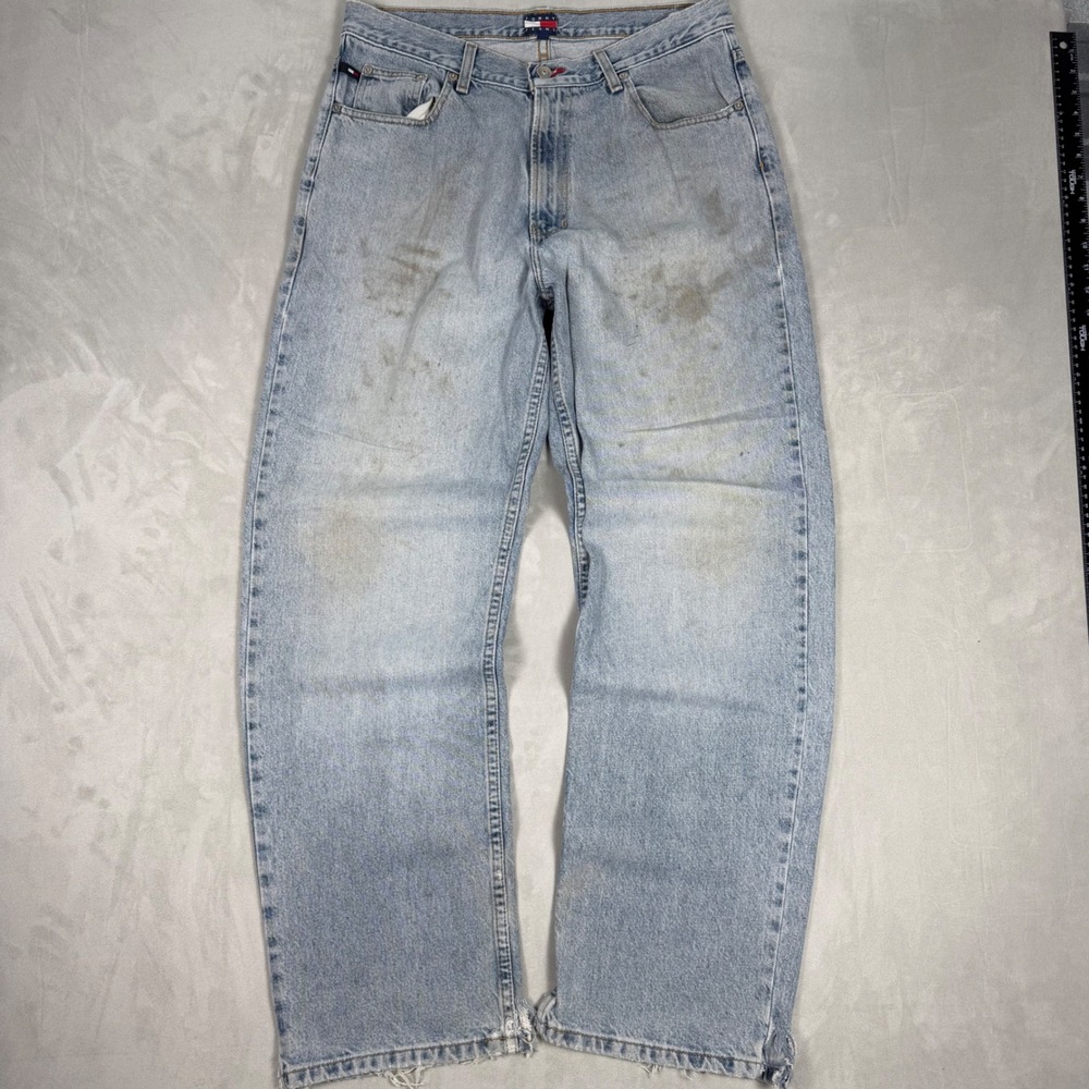 90s Mens Tommy Jeans Relaxed Straight Leg Distressed Light Wash Denim 34/32
